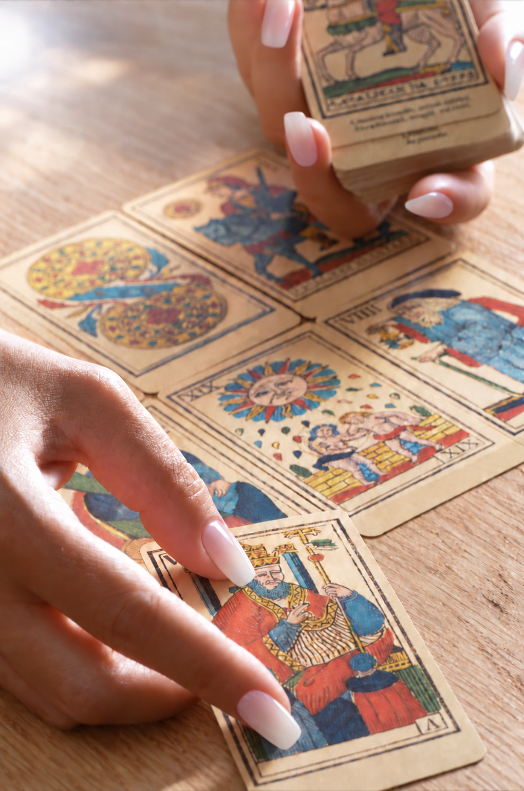 Mains aux ongles ombrés réalisant une lecture avec le Tarot de Marseille